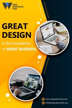 two people working on laptops with the words great design is the foundation of great business