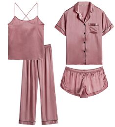 PRICES MAY VARY. 🌸Material: The 4 piece pajama set for women is made of high-quality satin(95% Polyester, 5% Spandex), color is bright and vivid, a shiny sort of satin texture, soft, skin-friendly, comfortable, smooth, flowy, lightweight, cooling and luxurious. Interchangeable Pj outfits. Great for all seasons. Warm and cooling. 🌸4 Pcs Silk Pjs Set: Satin pajamas women 4 piece set include an adjustable cross-back spaghetti strap camisole top, a button-down short sleeve sleep shirt, a pair of s Fancy Silk Pajamas, Silk Pajamas Pink, Cute Pajama Sets Winter, Satin Christmas Pajamas, Silky Pajama Set, Cute Women Pajamas, Baddie Pajama Outfits, Teal Pajamas, Satin Pajamas Aesthetic