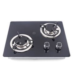 a black stove top with two burners and knobs on the bottom, in front of a white background