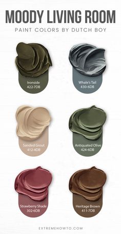 the color chart for mood living room paint colors by dutch boy, which is available in different shades