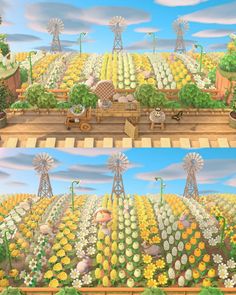 an animated farm scene is shown in two separate screens, each with different flowers and plants