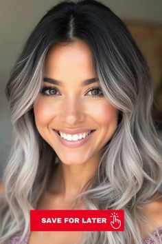 Gray Blending for Dark Hair Ideas >>> There’s a running theme here: silver and black are a match made in heaven. And there are so many fun ways to rock them. Click here to check out more gorgeous ways to blend grays into dark hair. Black To Silver Ombre Hair, Black And Gray Hair Color Ideas, Smokey Silver Hair, Silver And Black Hair, Dark Roots Hair Color Ideas, Dark Silver Hair, Black To Silver Ombre, Colored Hair Roots, Dark Roots Hair