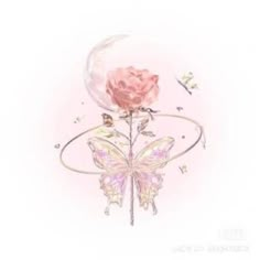 a pink rose with butterflies around it and a moon on the top, in front of a white background