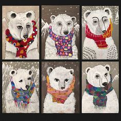 four polar bears wearing scarves and scarfs