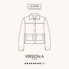 a drawing of a jacket with the words versiona in black and white on it