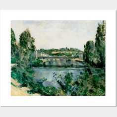 a painting of a river and bridge with trees in the foreground, on a sunny day