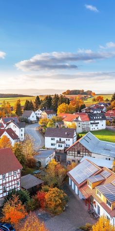 an aerial view of a town with houses and trees in the fall colors, including leaves on the ground