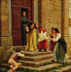 an image of a painting of people on the steps in front of a building with one person handing something to another man