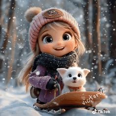 a cartoon character is holding a small dog in the snow while wearing a hat and scarf