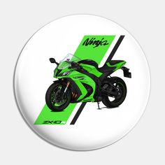 a green and black motorcycle sitting on top of a white circle with the words ninja