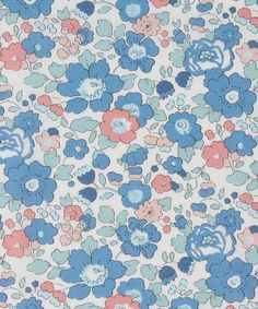 blue and pink flowers on white background with red, green, orange, and blue colors