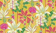 a yellow floral wallpaper with pink flowers and green leaves on the bottom half of it