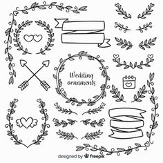 hand drawn wedding elements in black and white on a white background with the words, hearts, arrows, wreaths