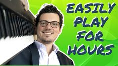 a man with glasses is smiling and leaning against a wall that says easily play for hours