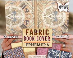 the fabric book cover ephemera is being held up by two hands with different patterns