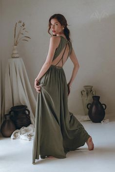 Sage Green Bridesmaid Dress Open Back Elegant Dress Boho | Etsy Bohemian Floor-length Maxi Dress With Tie Back, Green Bohemian Dress With Smocked Back, Bohemian Maxi Dress With Tie Back, Green Backless Maxi Dress For Summer, Bohemian Backless Maxi Dress With Smocked Back, Green Bohemian Backless Dress, Green Maxi Dress With Smocked Back, Green Backless Maxi Dress For Beach, Green Maxi Backless Dress For Beach