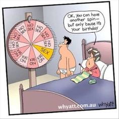 a cartoon depicting a man sitting in bed next to a wheel of fortune