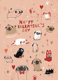 valentine's day card with dogs and hearts on the side, in pink background