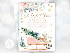 a christmas card with an image of a deer in a sleigh