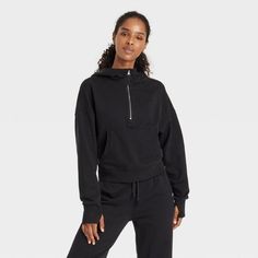 Women's French Terry 1/2 Zip Hooded Pullover Sweatshirt - JoyLab™ Black S Cropped Crewneck, Hawaii Trip, Christmas Board, Hem Style, Black Xs, Hooded Pullover