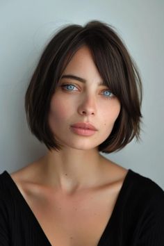 Portrait of a woman with bobbed hair, striking blue eyes, and freckles, wearing a black top against a neutral background. Short Haircuts Fine Hair, Cool Blonde Tone, Short Bob Styles, Medium Bob Haircut, Brunette Bob, Dark Brunette Hair, French Bob, Medium Bob, Jet Black Hair