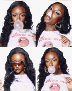 four pictures of a woman blowing bubbles with her tongue out and wearing sunglasses on top