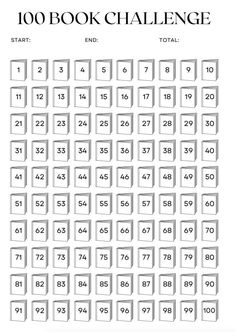 the 100 book challenge is shown in black and white, with numbers arranged on it