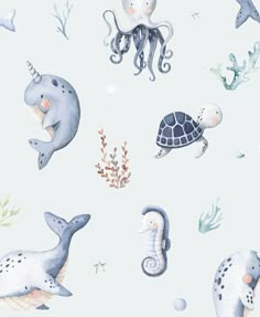 an ocean themed wallpaper with sea animals