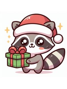 a raccoon wearing a santa hat and holding a green box with a red ribbon