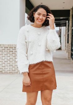 Pom Pom Sweater | Leather Skirt | Chicwish Sweater | Chicwish Skirt | Casual Spring Fashion | Spring Fashion 2020 | Winter Style | Winter Fashion | Spring Fashion Work | Spring Fashion Outfits | Spring Fashion Trends | Spring Fashion Preppy | Leather Skirt Outfit | Leather Mini Skirt | Casual Leather Skirt | High Waisted Leather Skirt | Faux Leather Skirt | #leatherskirt #sweater #pompom #chicwish Chicwish Sweater, Sweater Leather Skirt, Fashion Outfits Spring, High Waisted Leather Skirt, Spring Fashion Work, Chicwish Skirt, Pom Pom Sweater, Leather Skirt Outfit, Fashion Preppy