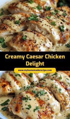 creamy caesar chicken delight in a white bowl