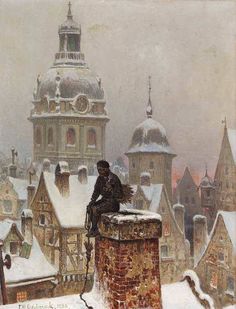 a painting of a man sitting on top of a building in the middle of winter