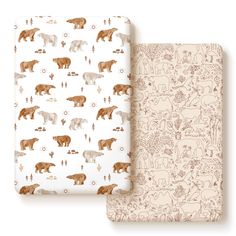 two sheets with bears on them are next to each other, one is brown and the other is white