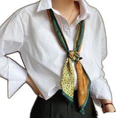 Silk Scarf Button Down Shirt, Rectangular Summer Scarves, Rectangular Green Silk Scarf, Green Rectangular Silk Scarf, Womens Neck Tie, Neck Scarf Outfit, Small Neck Scarf, Silk Scarf Outfit, Scarf Looks