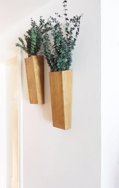 two wooden planters are hanging on the wall