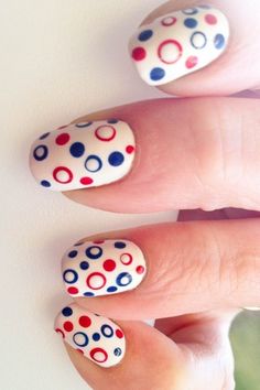 Polka Dot Nails Polka Dot Nail Art Designs, Dot Nail Art Designs, Patriotic Nails, Fourth Of July Nails, Easy Nails