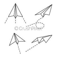 three paper airplanes flying in the sky with dotted lines and dots around them on a white background