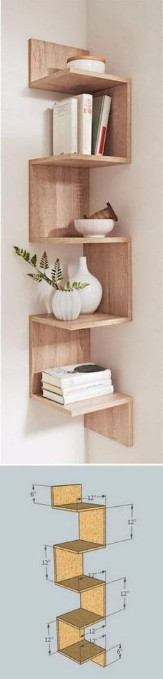 three wooden shelves with books and vases on them