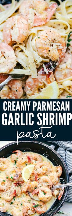 creamy parmesan garlic shrimp pasta in a cast iron skillet with text overlay