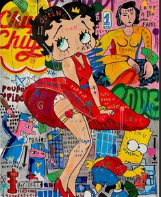 a painting of a woman in a red dress with the simpsons character on it's back