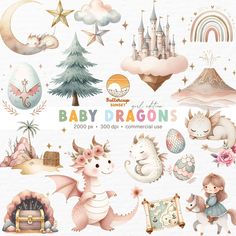 baby dragon clipart set with princess castle, unicorns and other items in pastel colors