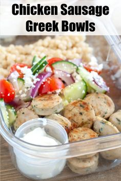 chicken sausage greek bowls with cucumbers and tomatoes