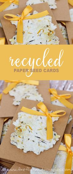 recycled paper seed cards with yellow ribbon tied around them