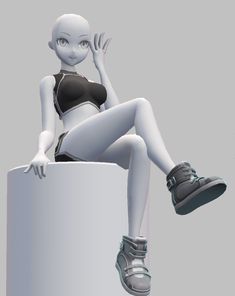 an animated woman sitting on top of a white pillar with her legs crossed and feet up