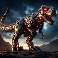 a robot dinosaur with glowing eyes standing in the desert