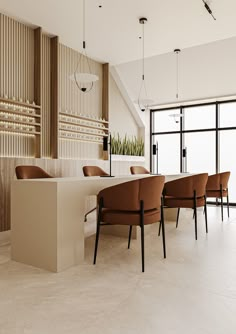 an empty conference room with chairs and tables