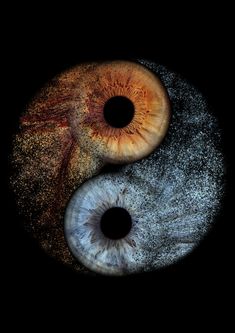 an eyeball is shown in the middle of two other eyes, one with brown and blue irises