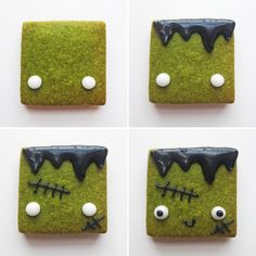 four pictures of green and black decorated cookies with eyes, nose, mouth and teeth