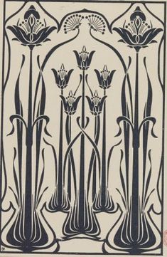 an art deco tile with flowers and reeds in black on off white paper by person