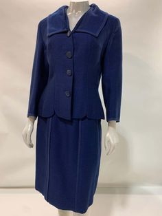 For Sale on 1stDibs - A beautifully tailored 1940s Creed of London couture 3-piece royal blue wool skirt suit with caplet. Silk crepe lined and fabulous inscribed buttons. Caplet Elegant Formal Wool Skirt Suit, Elegant Wool Skirt Suit For Formal Occasions, Blue Notch Lapel Skirt Suit For Formal Occasions, Classic Blue Skirt Suit For Office, Classic Tailored Wool Skirt Suit, Classic Fitted Skirt Suit With Button Closure, Classic Evening Skirt Suit With Notch Lapel, Vintage Formal Skirt Suit With Button Closure, Vintage Skirt Suit With Button Closure For Formal Occasions